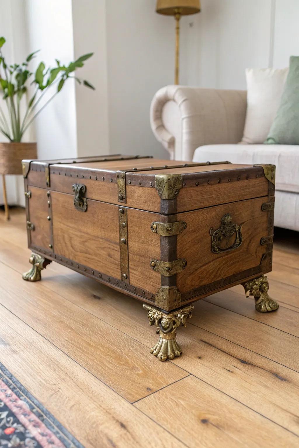 Elevate your style: Transform your trunk with funky brass feet for a chic, boho-inspired look!