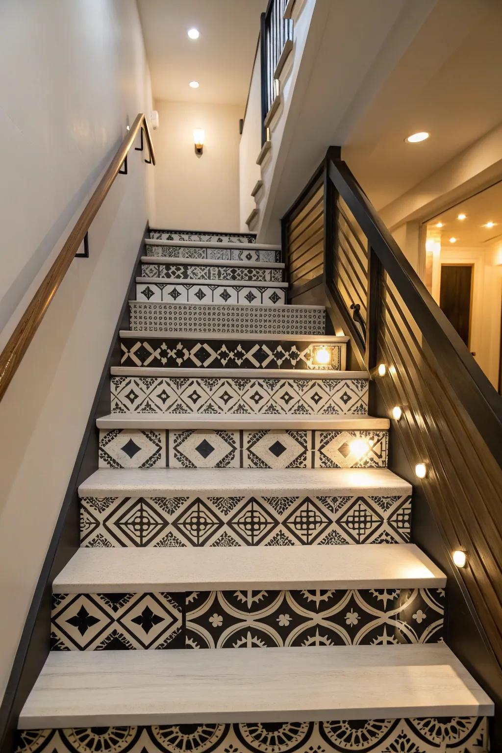 Transform your basement stairs with striking patterned risers for a bold and modern touch.