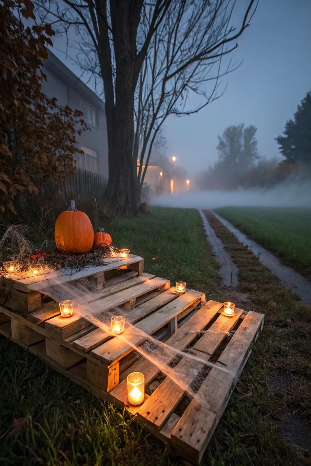 Guide your guests through a hauntingly beautiful journey with this spooky pallet walkway. Perfect for creating an unforgettable Halloween ambiance.