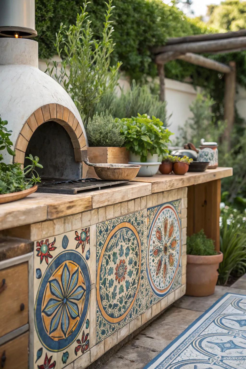 Transform your outdoor kitchen with Moroccan tiles and lush greenery for a personalized touch of charm and color.