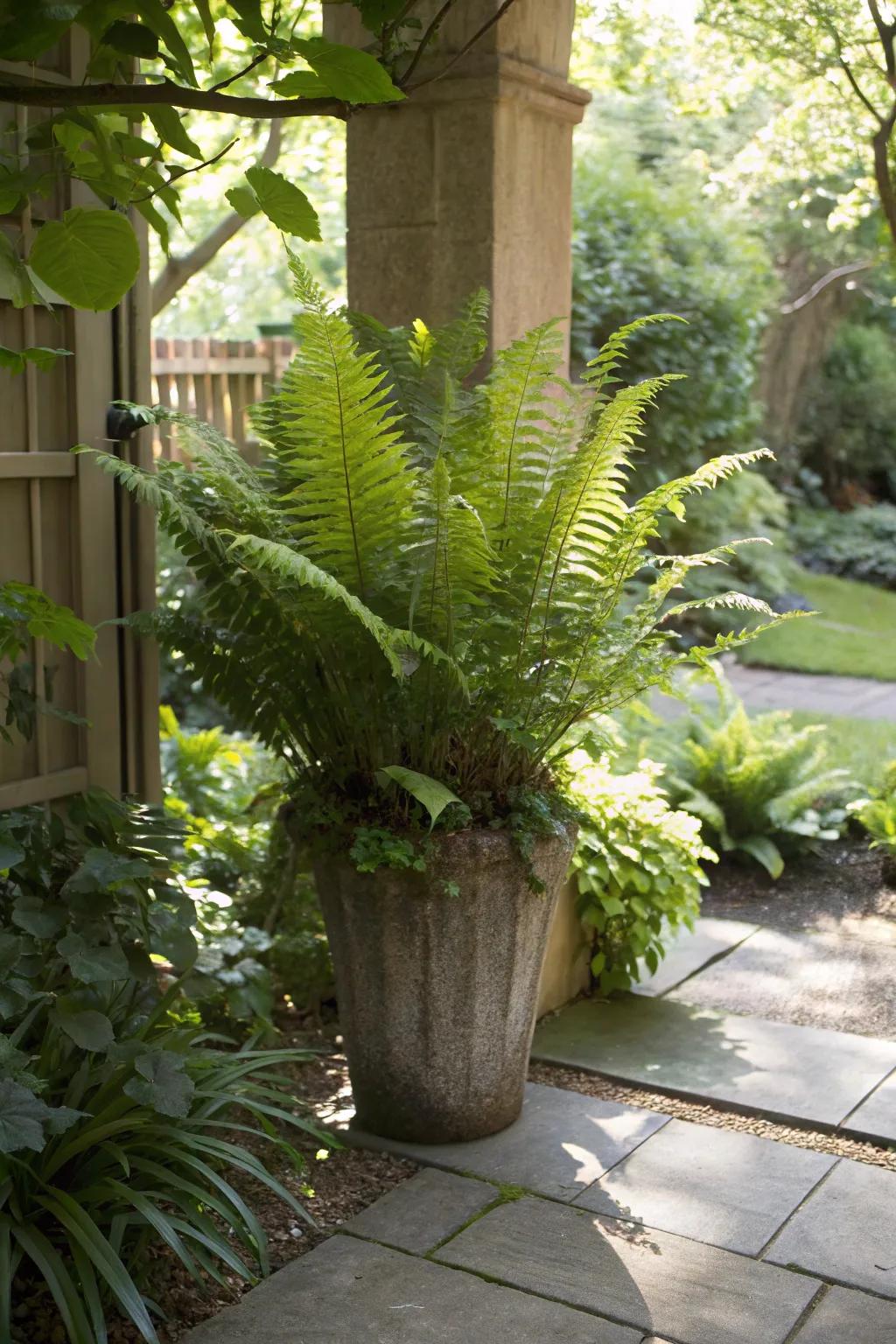 Dramatic and lush, ferns grace this shaded garden corner.