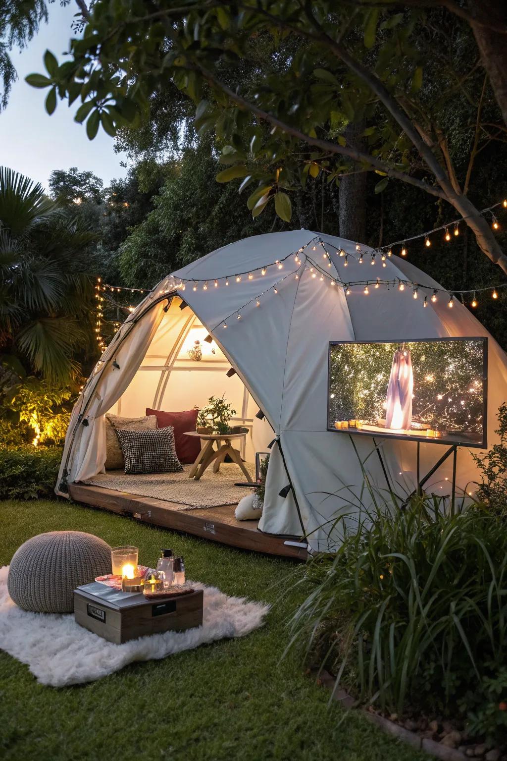 Transform your backyard into a cinematic escape with this cozy tent and projector setup.