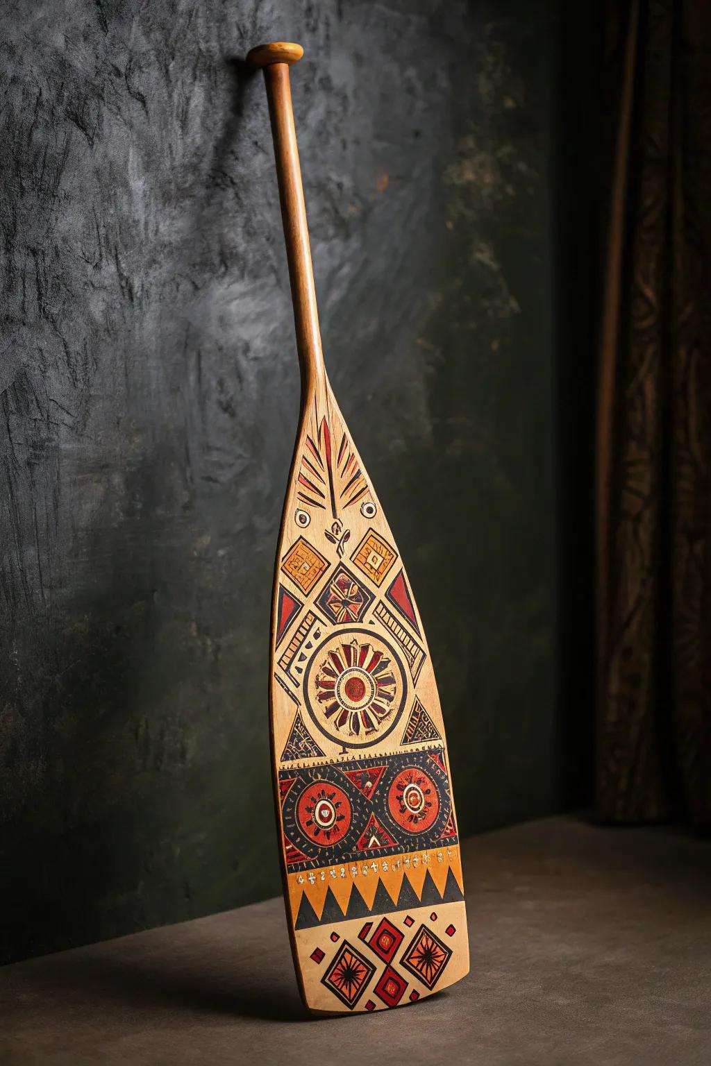 Explore the world through art: A paddle adorned with global cultural patterns.