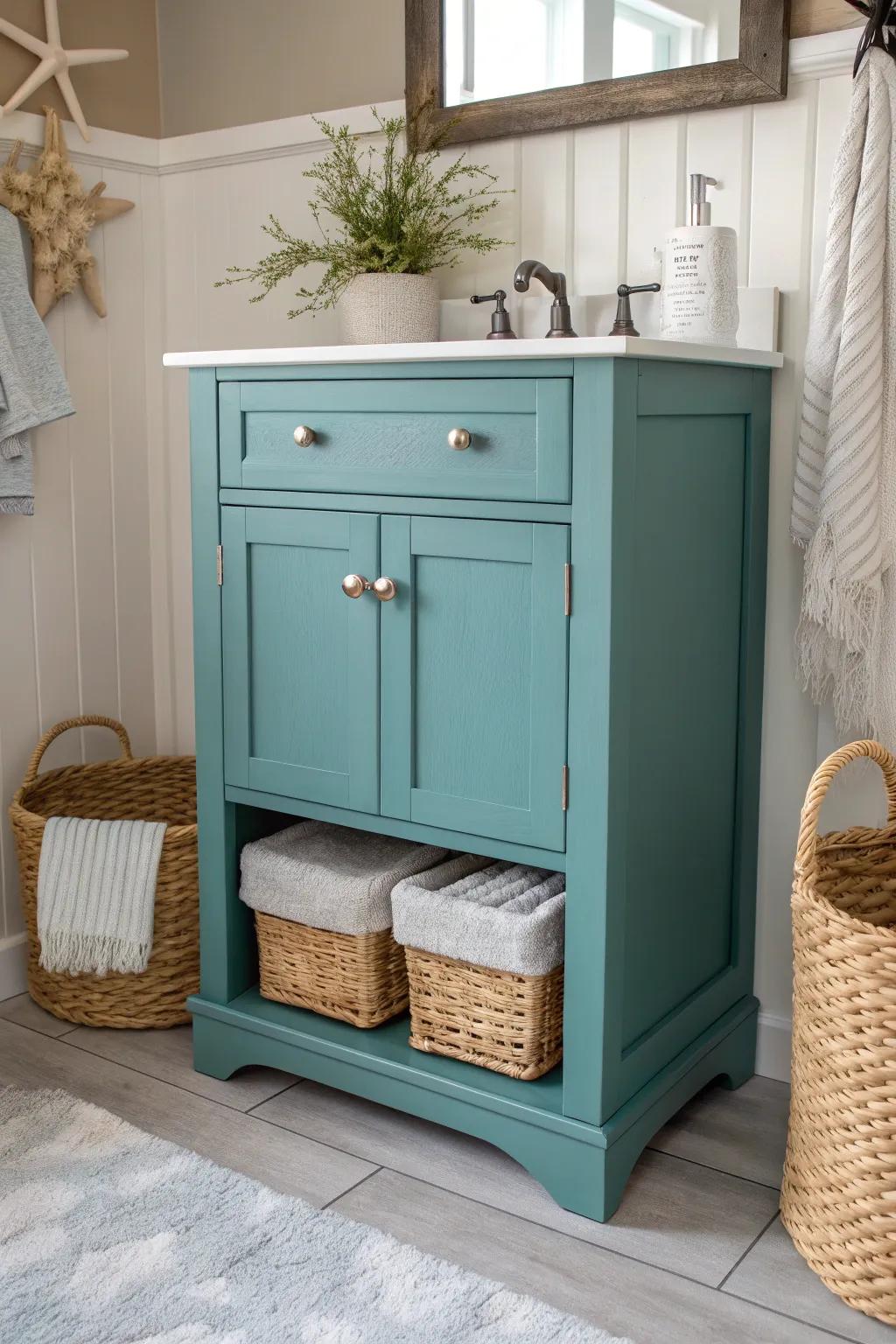 Embrace coastal tranquility with teal cabinets for a serene bathroom vibe.