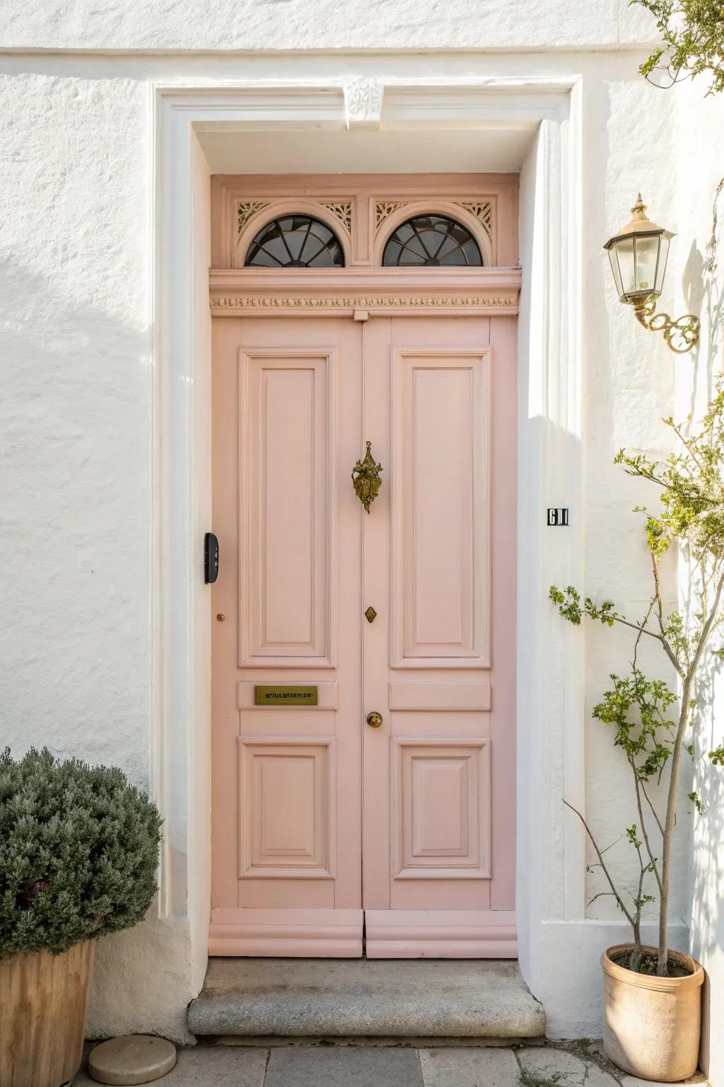 Embrace tranquility with pastel perfection — a soft pink door that whispers elegance in every detail.