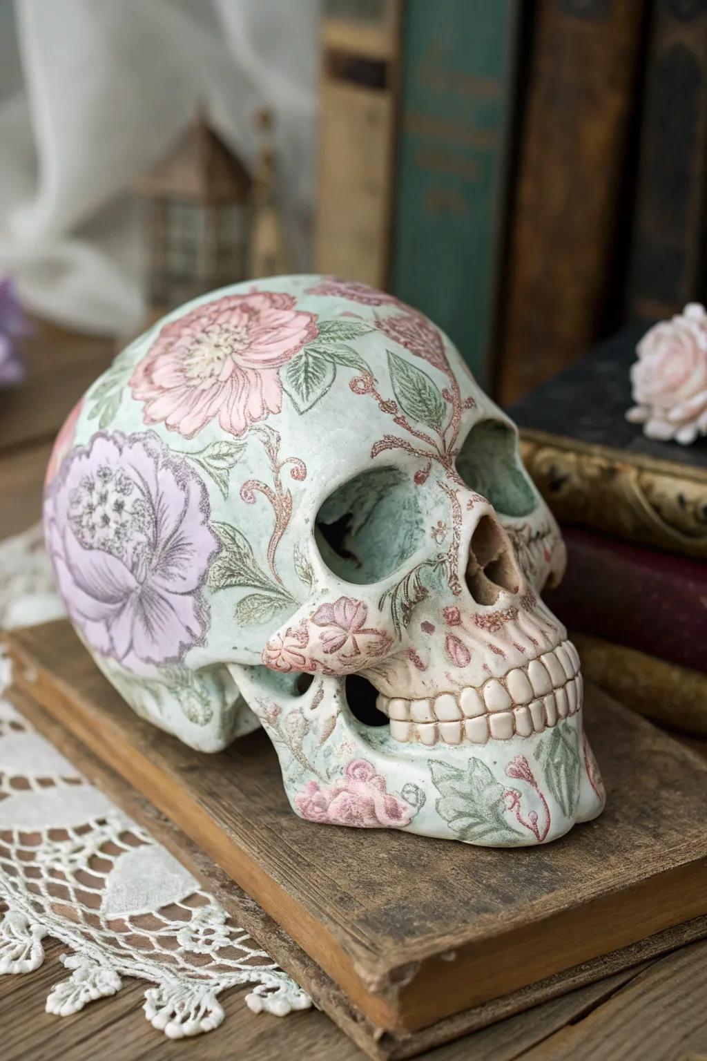 Embrace vintage elegance with a floral-painted skull that whispers romance and nostalgia.