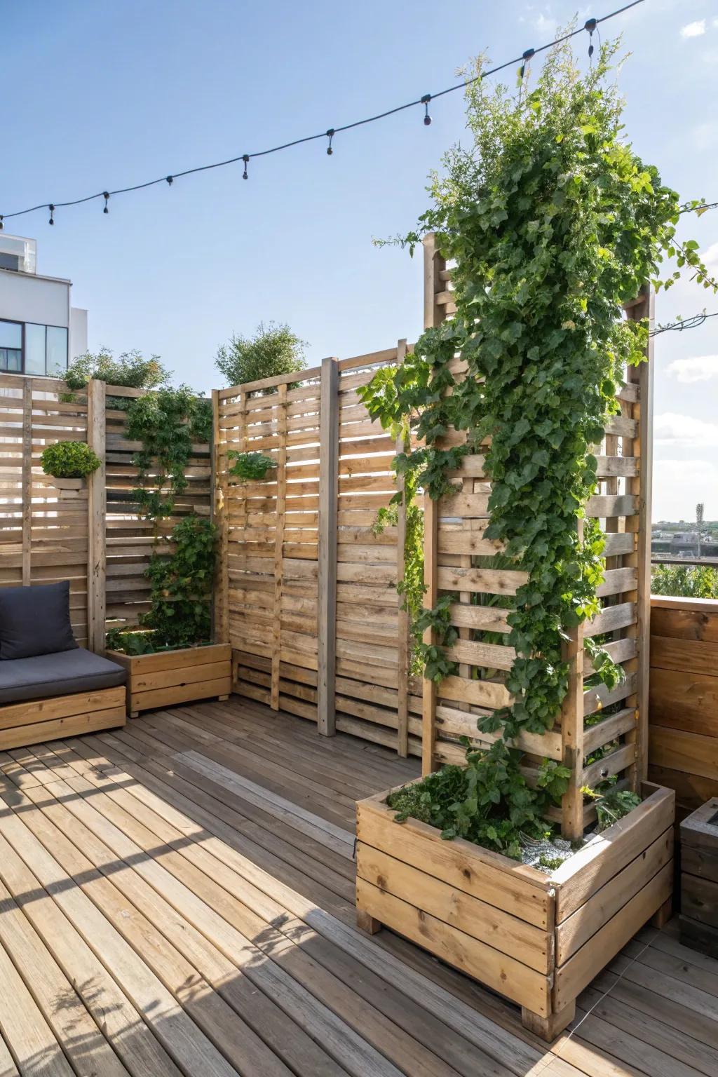 Transform your deck into a serene retreat with custom pallet privacy screens. #OutdoorLiving #PalletDeck