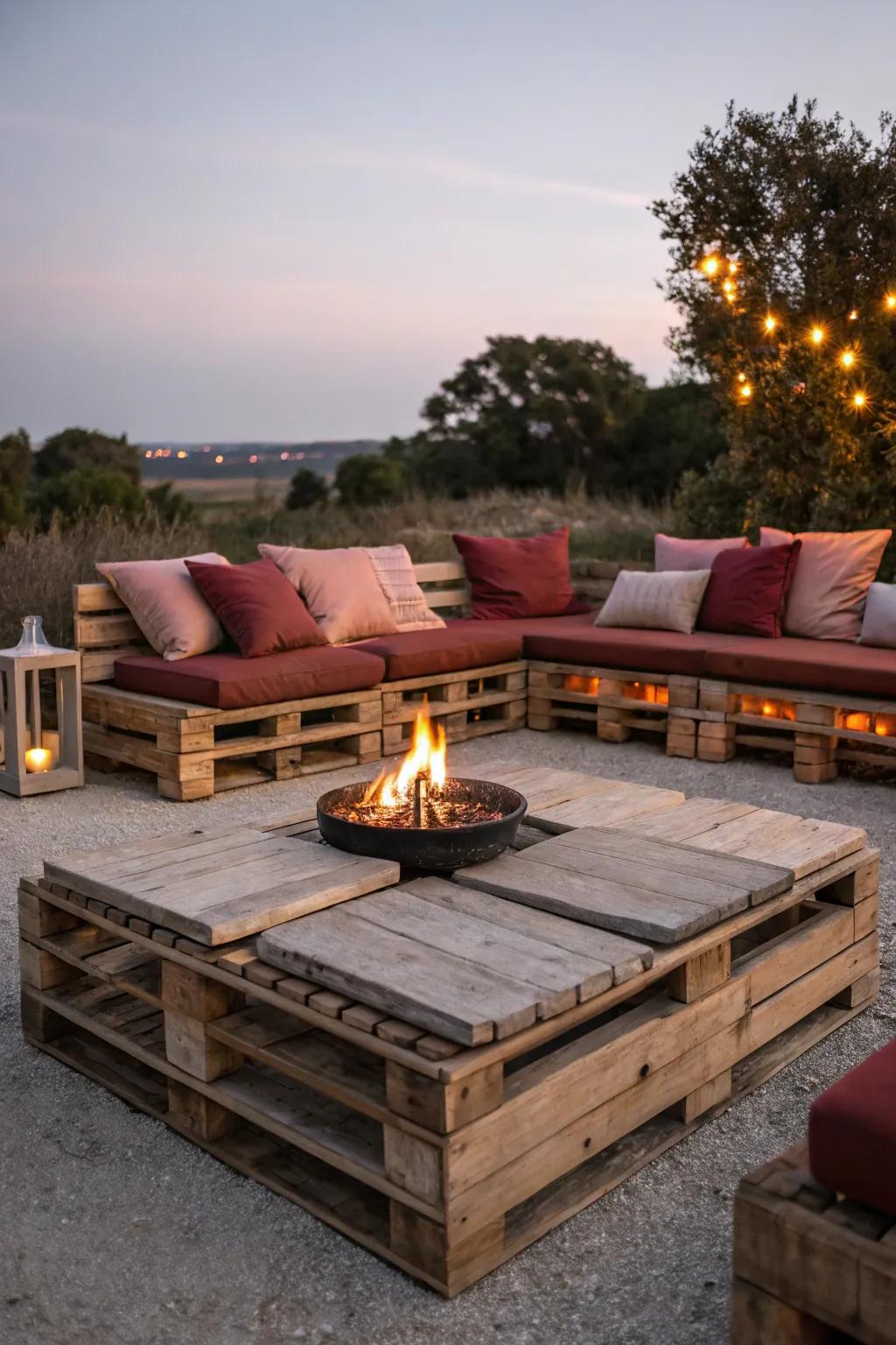 Embrace warmth and rustic charm with this inviting pallet fire pit seating arrangement.