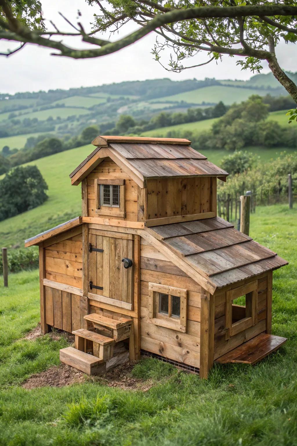 Transform your backyard with this rustic yet stylish pallet wood chicken coop, where charm meets functionality!