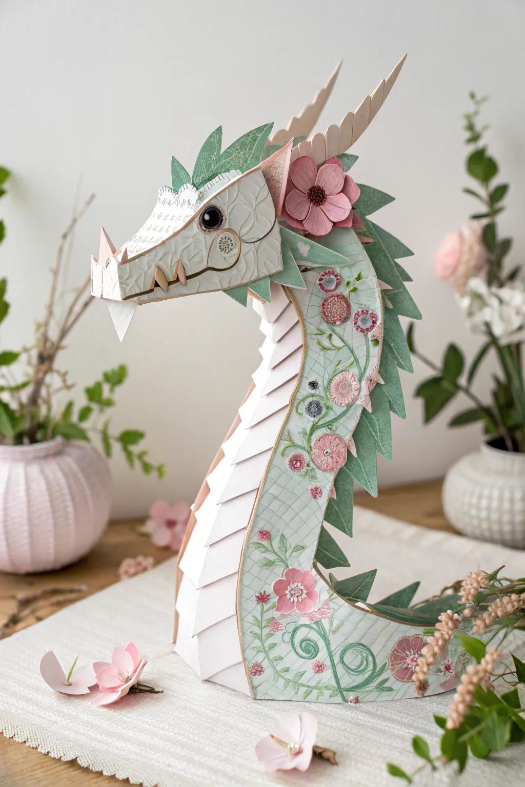 Embrace the magic of spring with this enchanting floral paper dragon puppet. A blend of artistry and nature, perfect for the season!