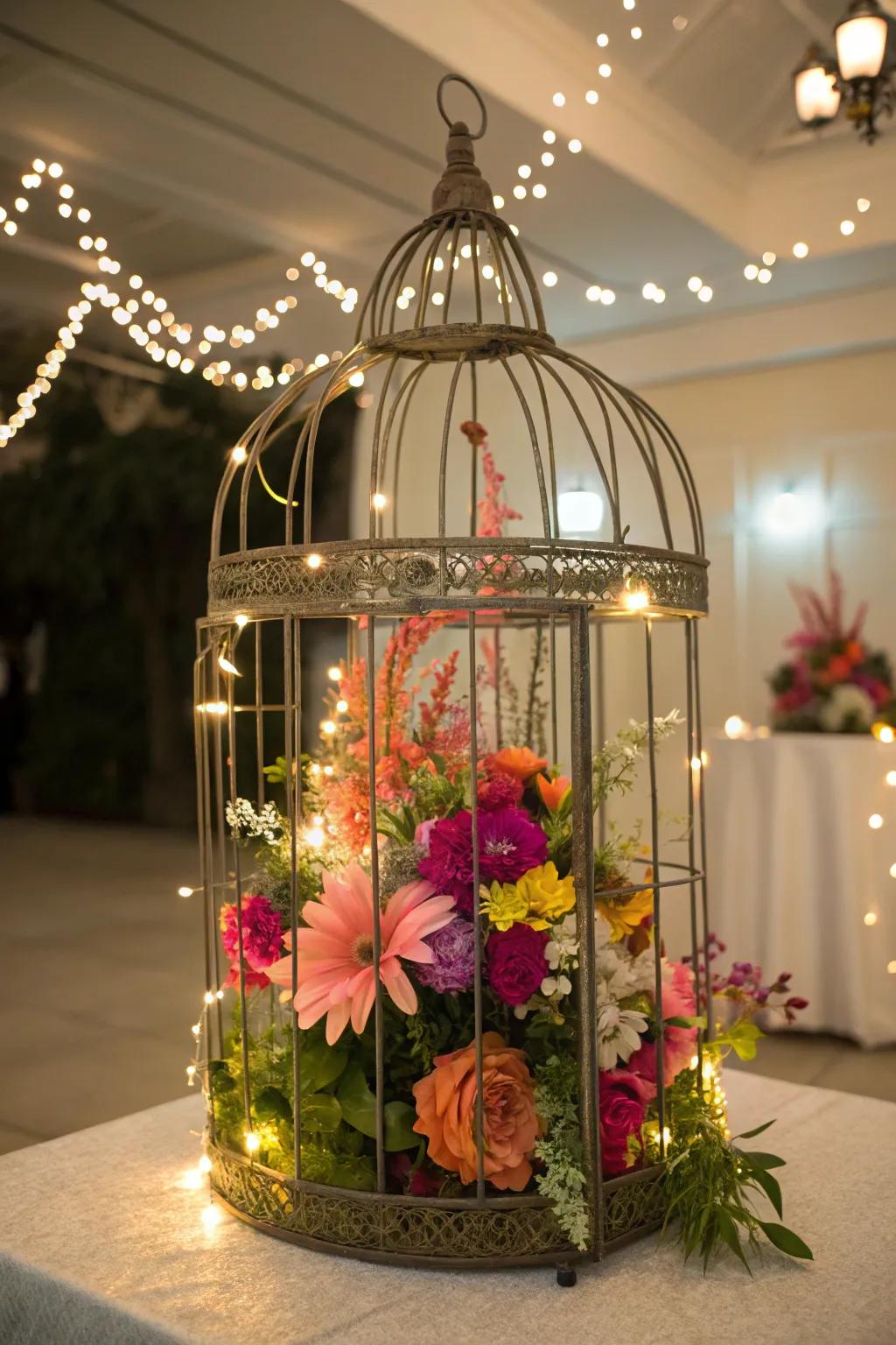 A whimsical birdcage centerpiece with flowers and lights.