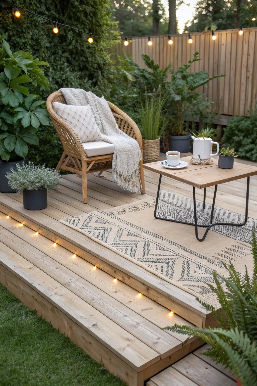 Transform your backyard with a cozy DIY deck, perfect for sipping morning coffee or unwinding in the evening.