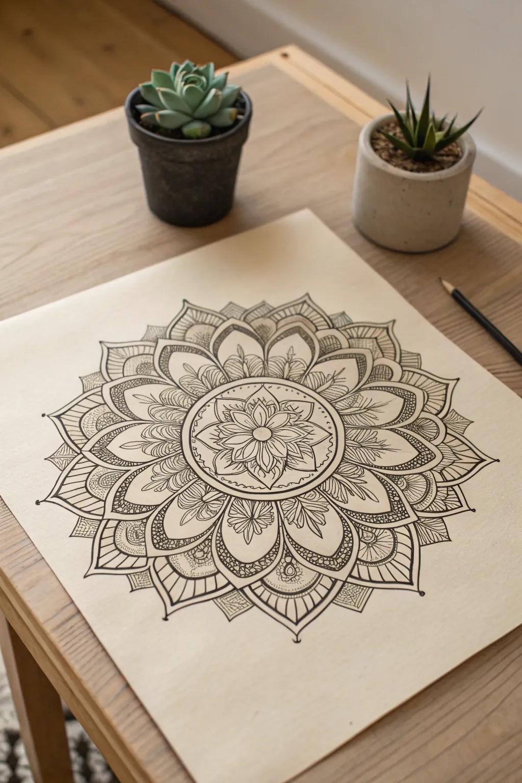Find tranquility in the symmetrical beauty of hand-drawn mandalas.