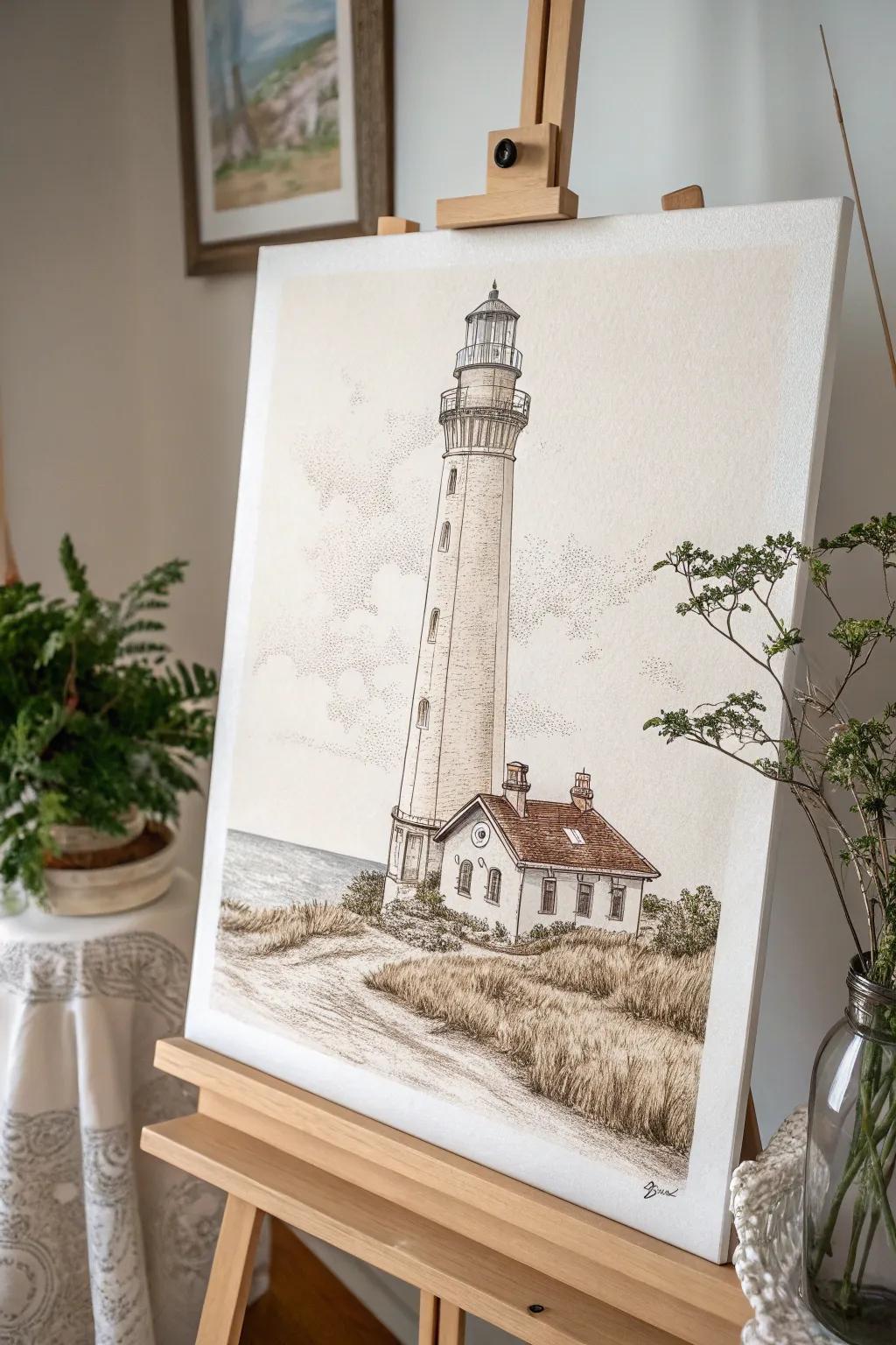 Get inspired by the serene beauty of pen-drawn lighthouses, where simplicity meets craftsmanship.