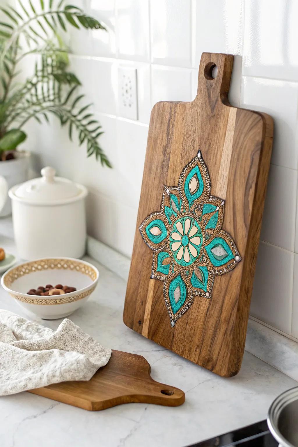 Elevate your kitchen style with stunning turquoise inlays—where craftsmanship meets natural beauty.