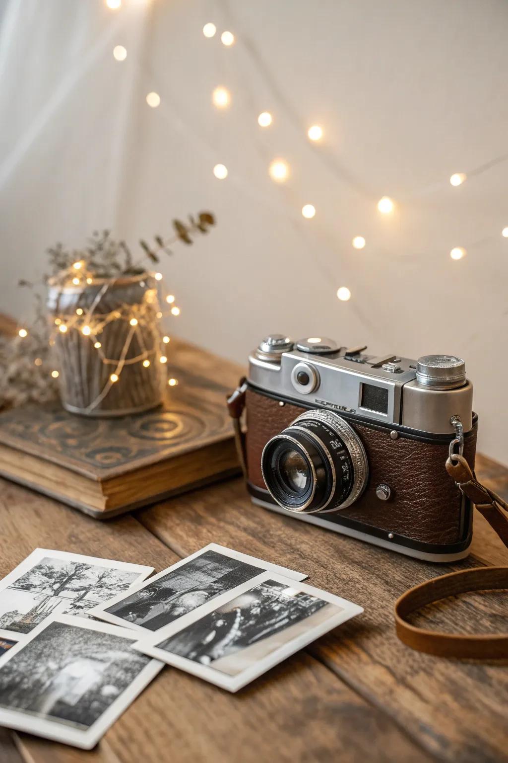 Capture timeless elegance with a vintage camera centerpiece.