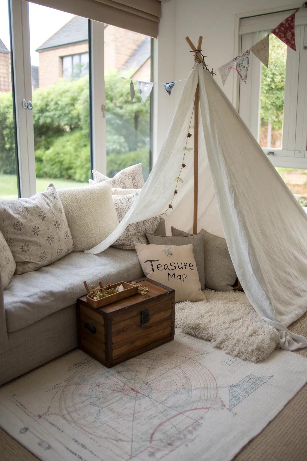 Set sail on a cozy adventure with this minimalist pirate ship pillow fort! ⚓️🗺️ #PillowFortFun #ScandiBohoVibes
