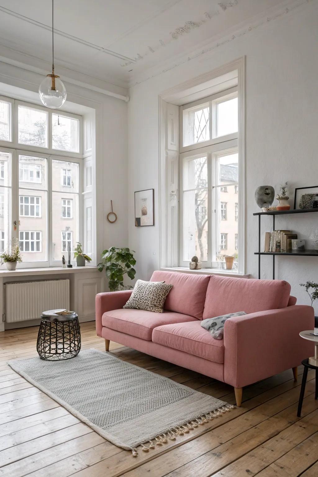 A pink couch can seamlessly blend into a Scandinavian-style setting.