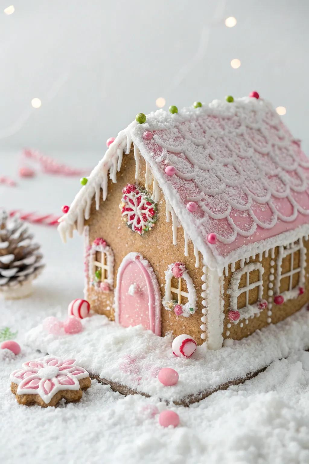 A winter wonderland gingerbread house with pink snow.