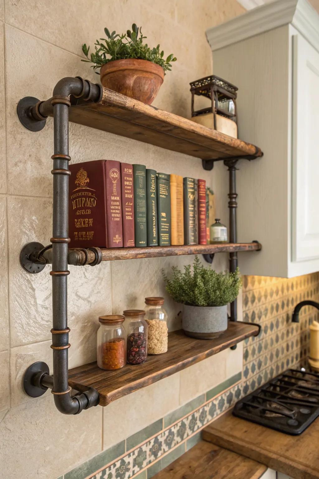Elevate your kitchen's charm with vintage-inspired pipe shelving that blends aesthetics and function effortlessly.