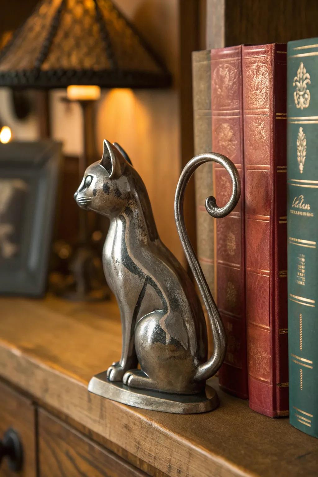 Add a touch of whimsy to your bookshelf with stylish metal cat bookends.
