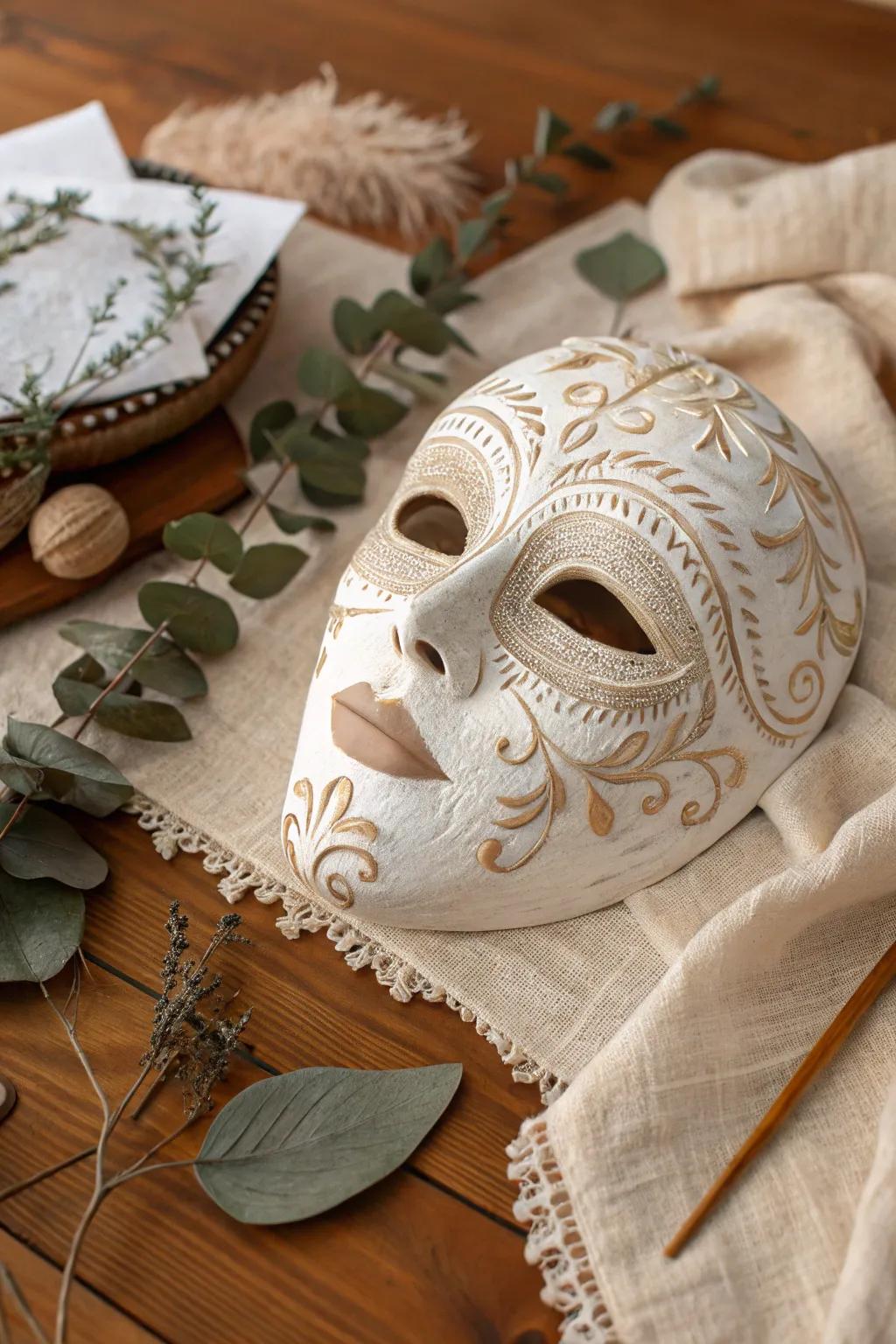 Discover the art of intricate design with this delicate lace-patterned plaster mask, a testament to craftsmanship and natural beauty.