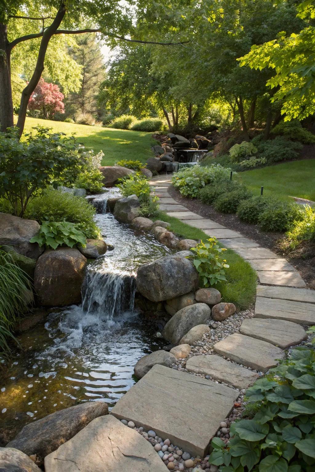Discover the art of movement in your garden with a bubbling brook that elegantly connects your outdoor spaces.