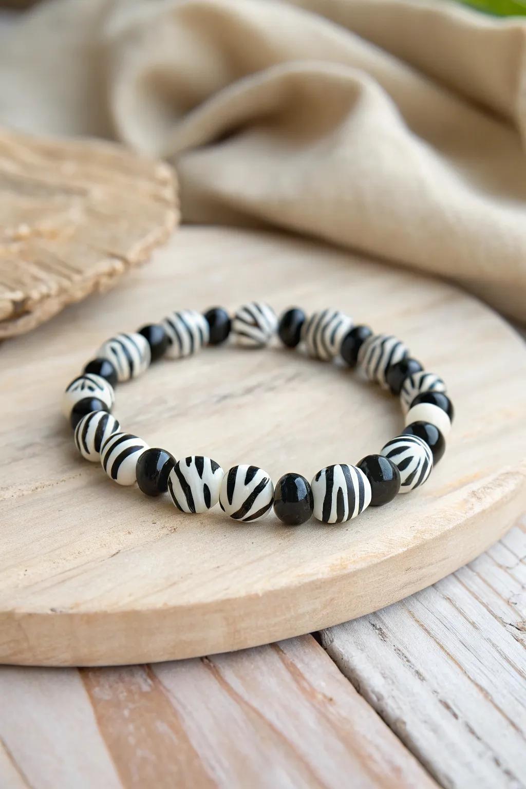 Wildly chic: Embrace your inner fashionista with this zebra-patterned pony bead bracelet, where minimalism meets natural beauty.
