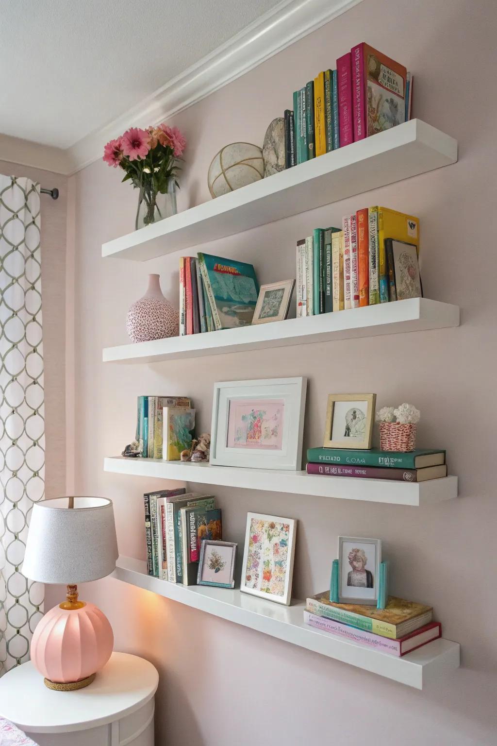 Floating shelves for displaying treasures and books.