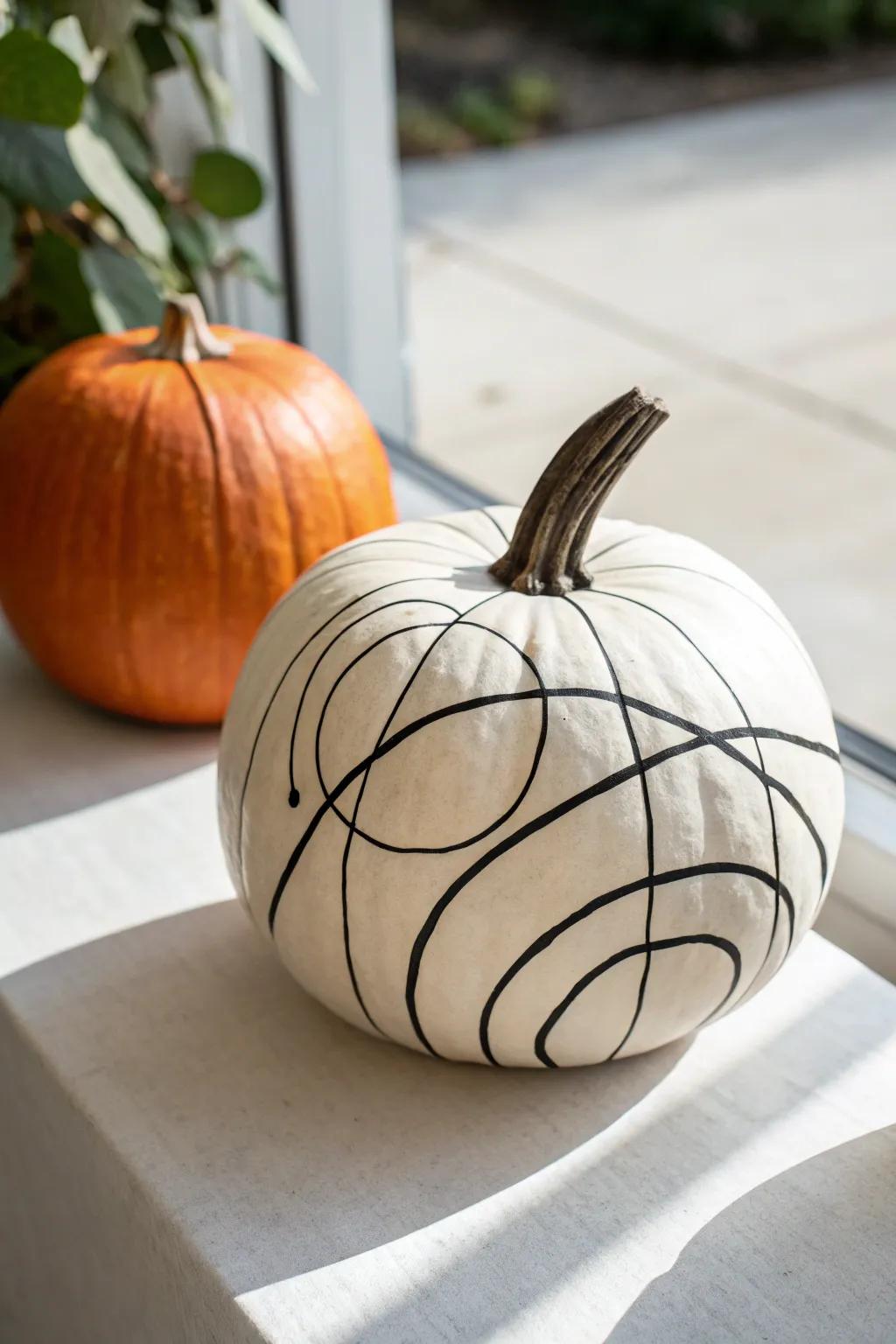 Elevate your autumn decor with minimalist line art elegance on your pumpkin.