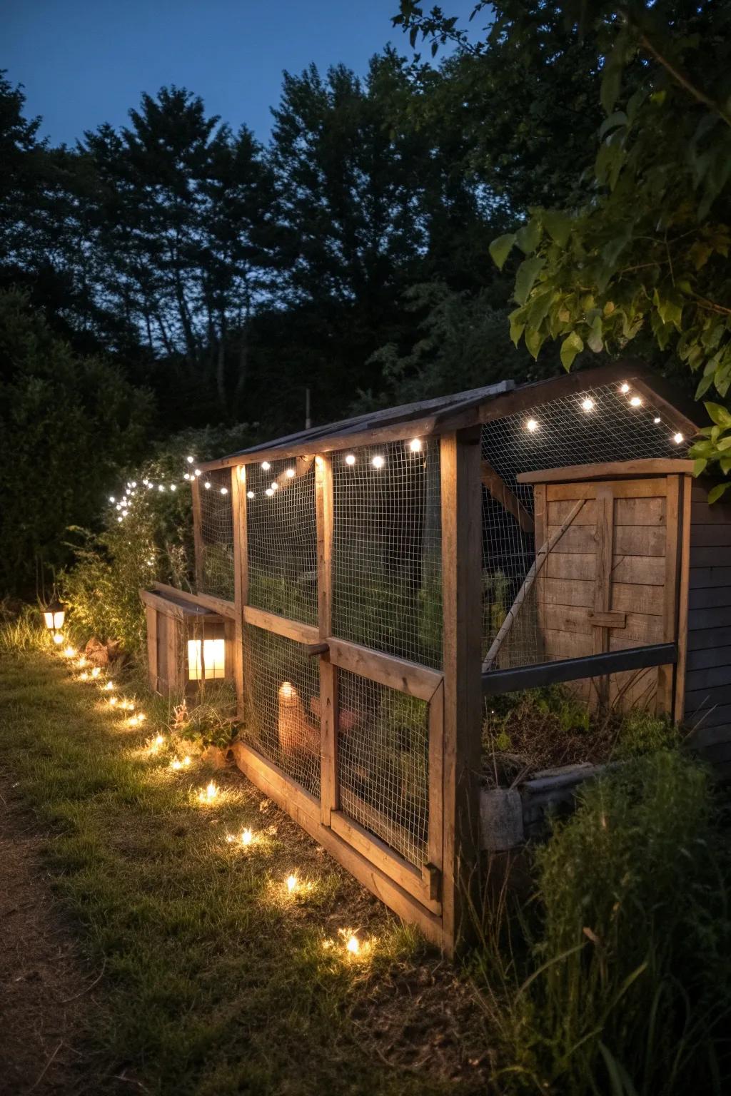 Illuminate your quail pen with enchanting solar-powered lights for a magical touch at night.
