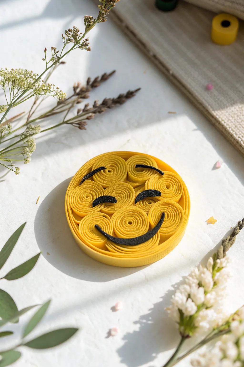 Add a playful touch to your space with this charming quilled wink emoji!