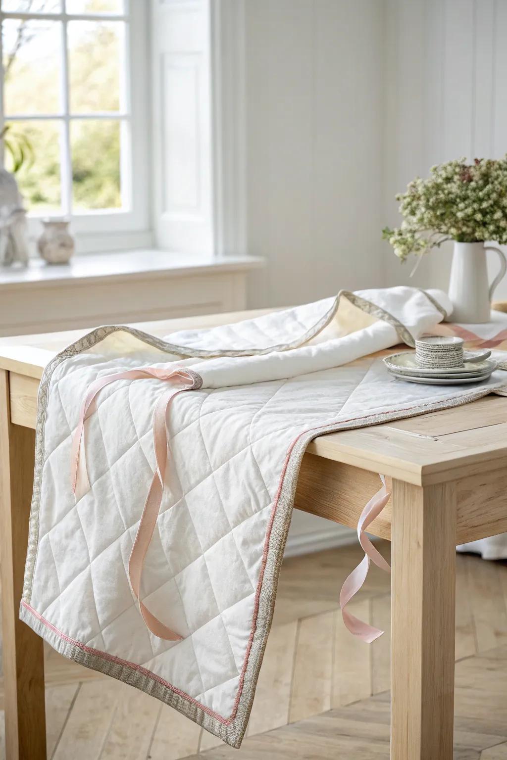 Elevate your quilt with a graceful ribbon border, blending Scandinavian minimalism with boho charm.