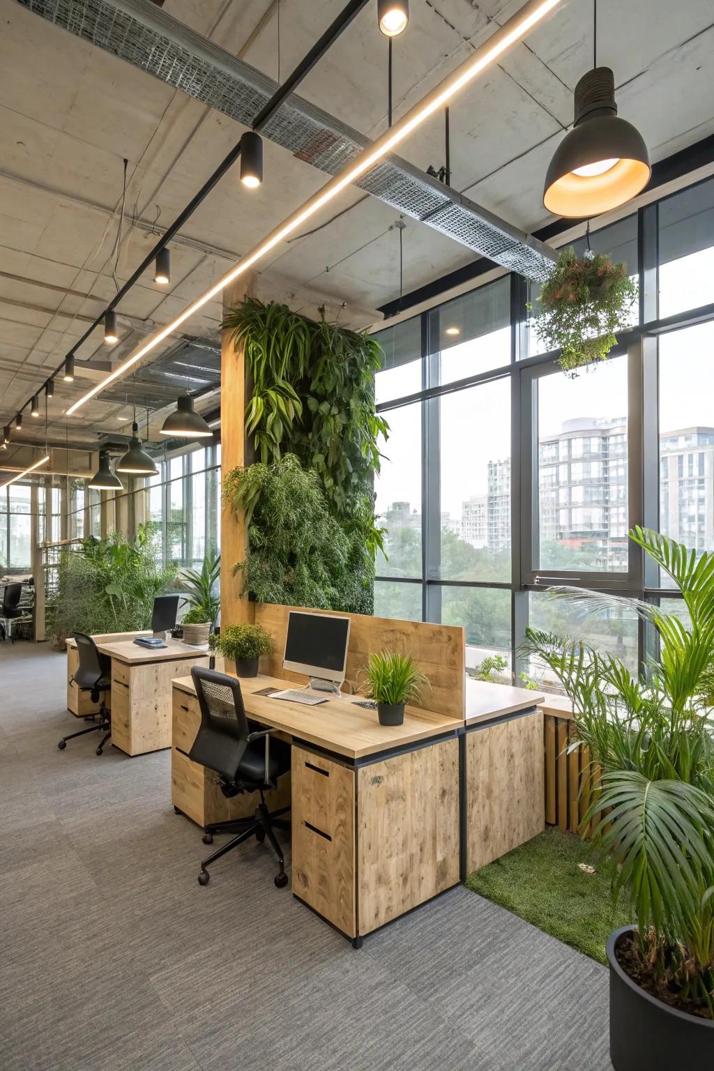 An eco-friendly office with sustainable materials and efficient lighting.