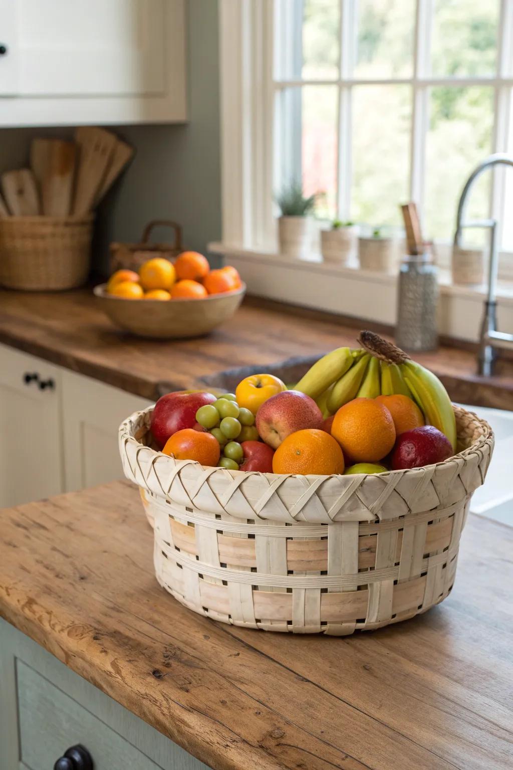 Transform your kitchen with a rustic touch: a handmade fruit basket from repurposed slats.