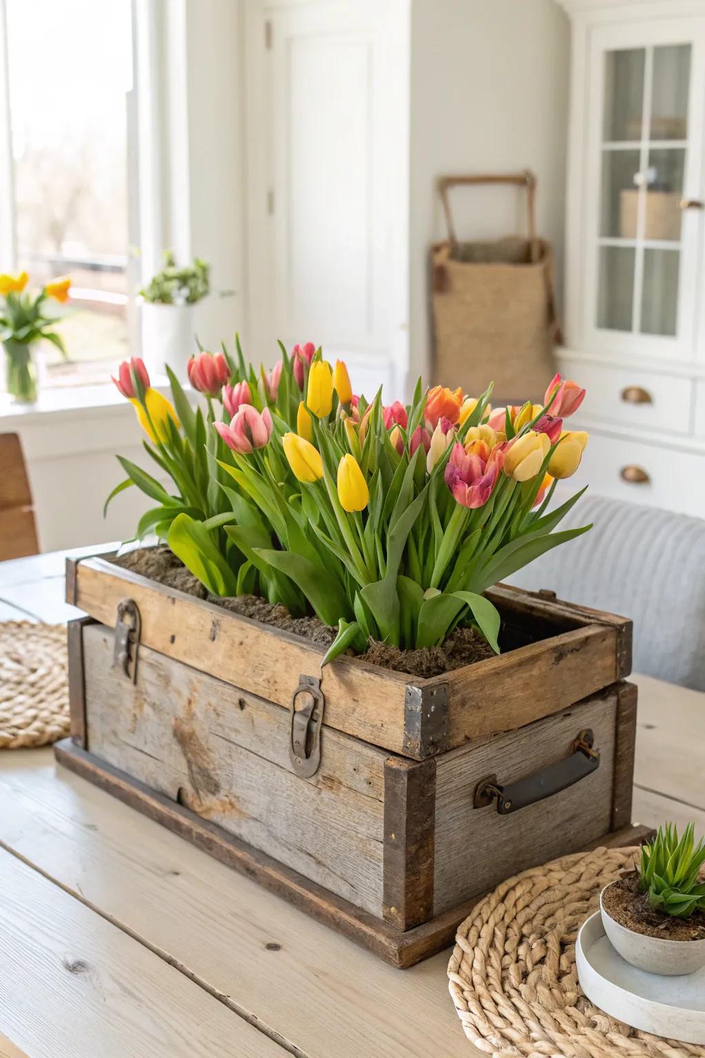 Tool Time Tulips: Transform a vintage toolbox into a charming planter for a splash of color and rustic allure.