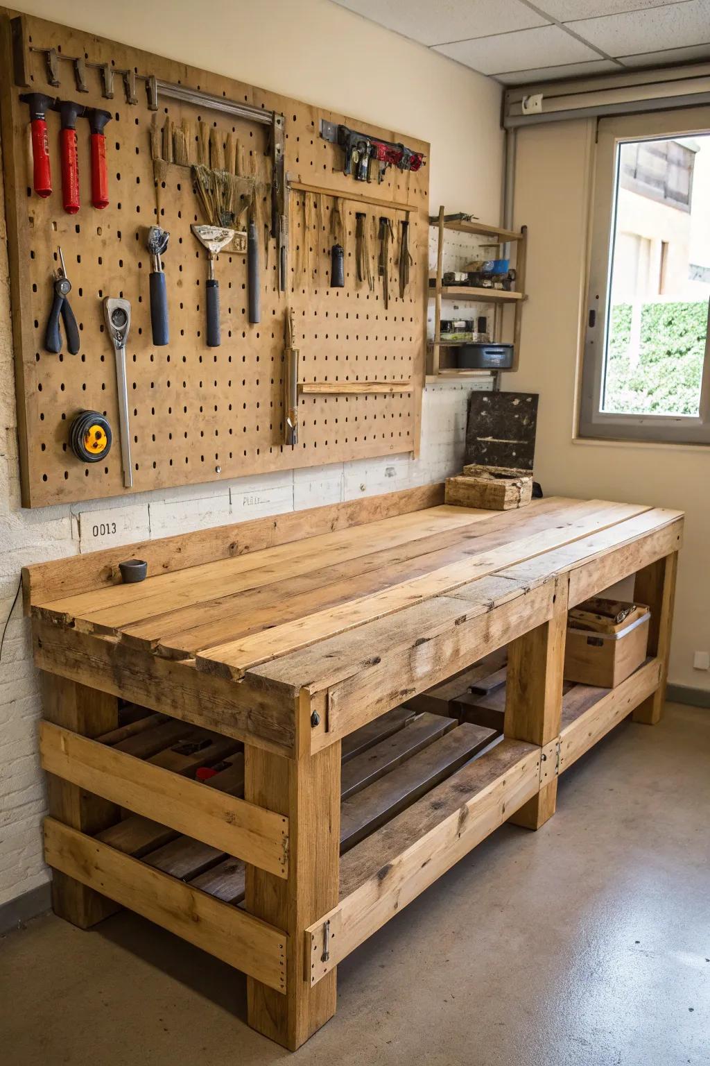 Transform your creativity corner with a rustic pallet crafting station that marries style and utility.