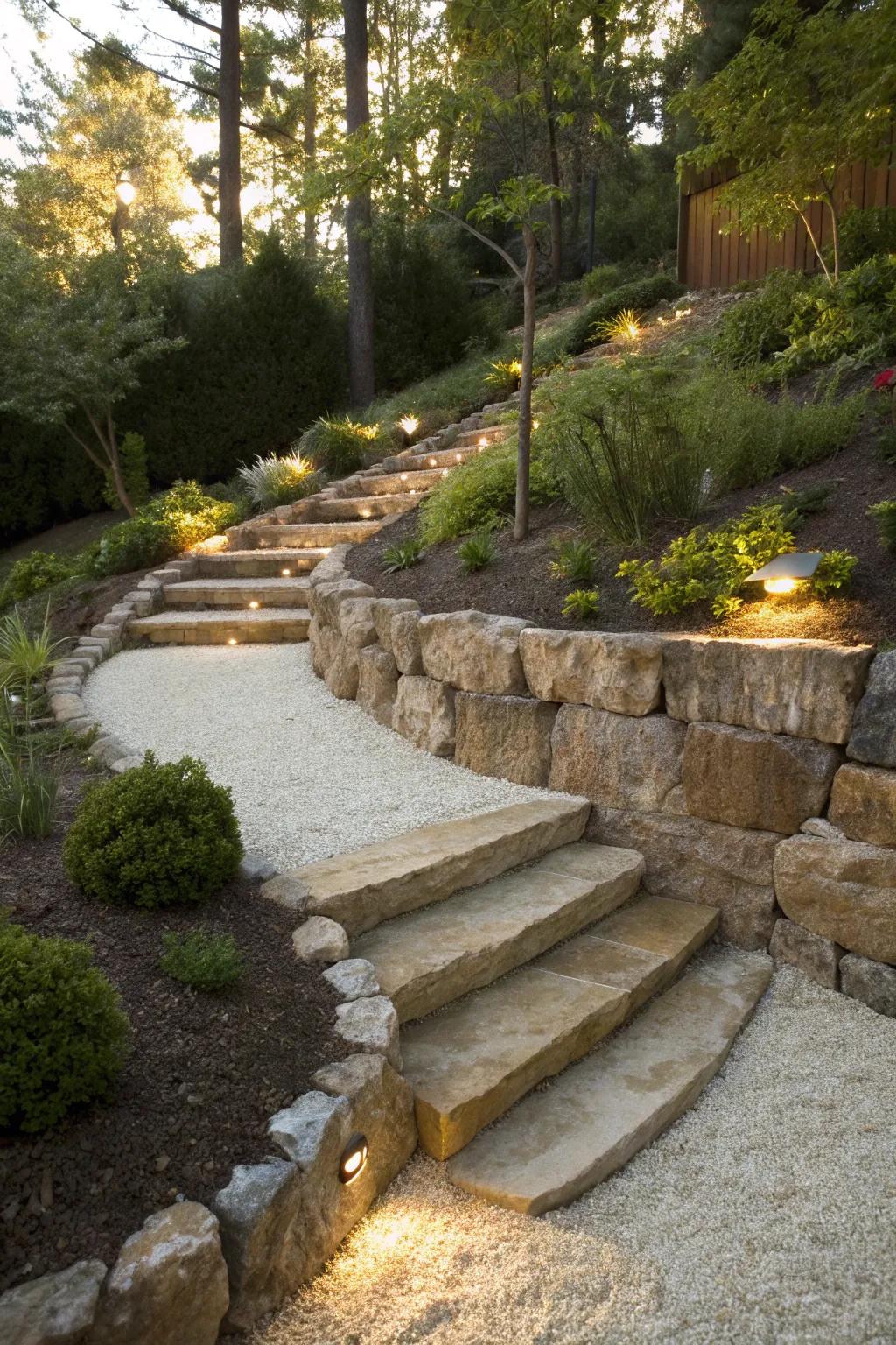 Step into a fairy-tale garden with these enchanting gravel-filled retaining wall steps.