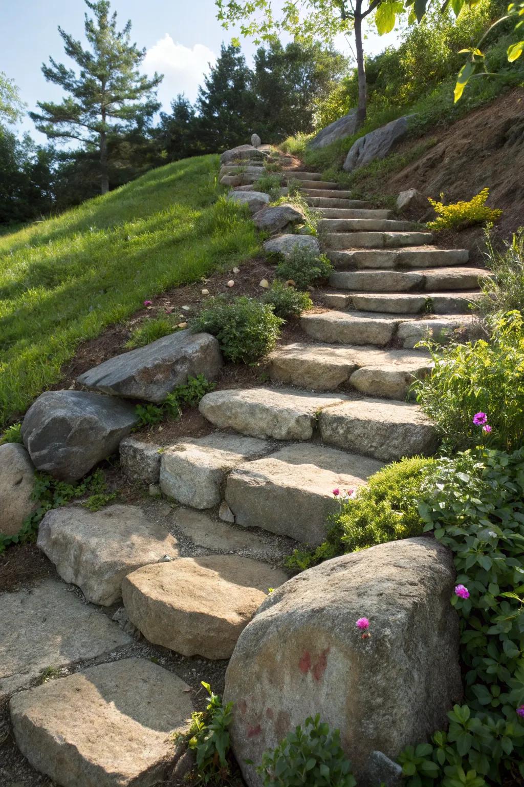 Transform your landscape with rustic rock steps that blend functionality with natural beauty.