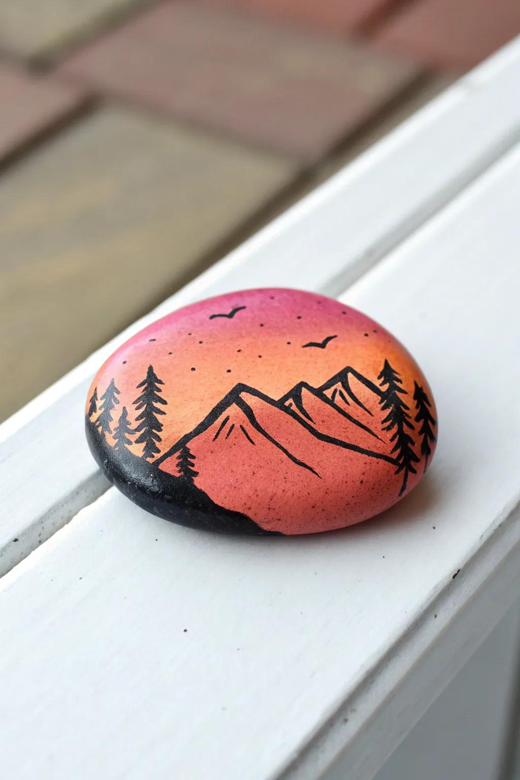 Embrace tranquility with a sunset-painted rock, where mountains meet the sky in minimalist elegance.
