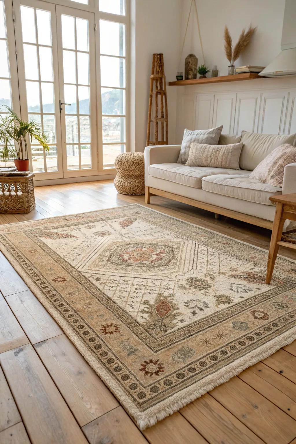 Transform your space with a statement rug that brings warmth and harmony to your minimalist decor.