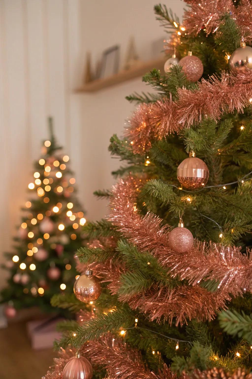 Sparkling rose gold tinsel adds a glamorous shimmer.