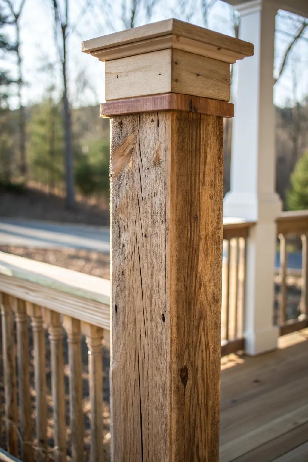Explore the beauty of layered textures with a cedar porch post that captures rugged elegance.