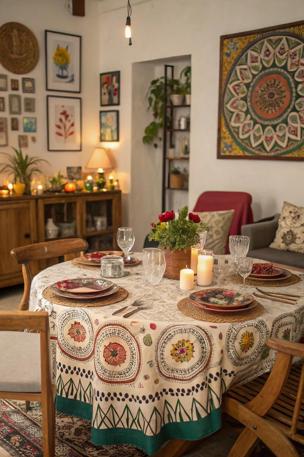 Add a worldly touch with culturally inspired tablecloths.
