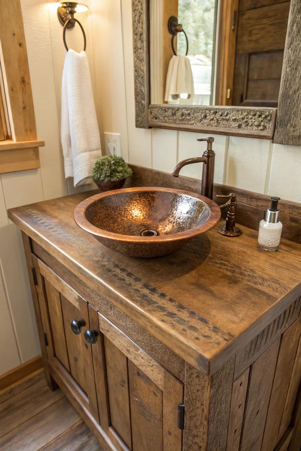A rustic bathroom vanity with a hammered copper sink.