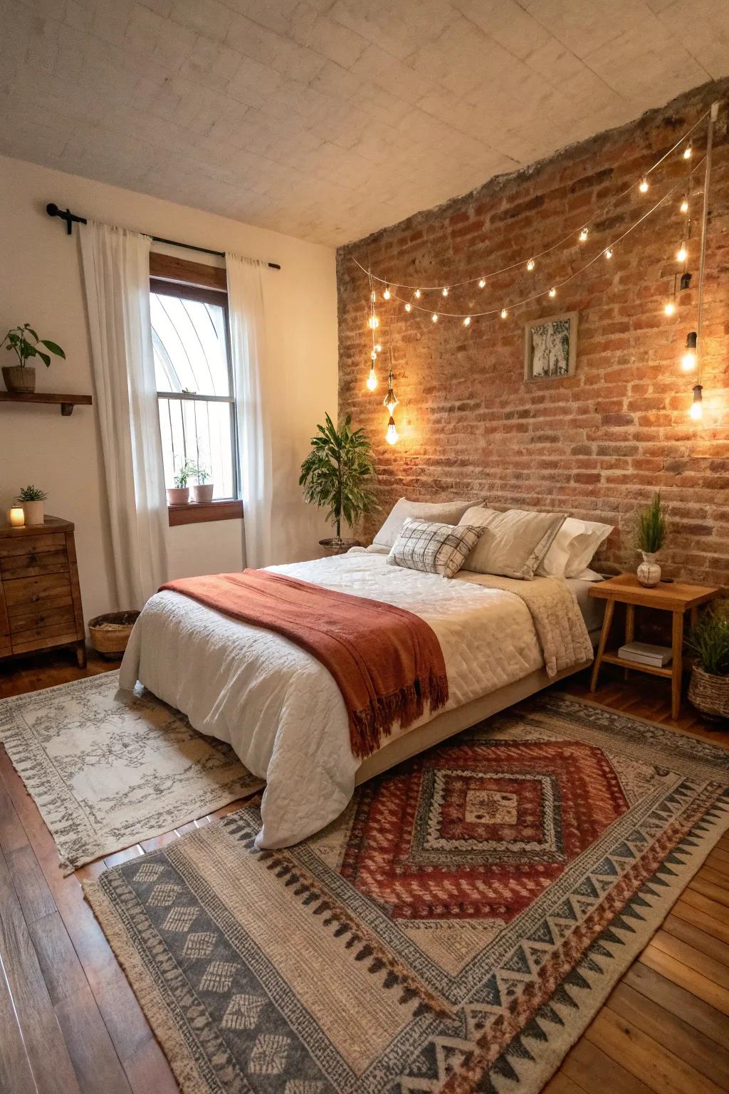 Layered rugs providing comfort and texture in the rustic bedroom.