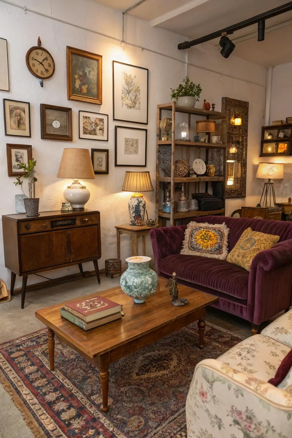 Vintage finds add character and charm to this rustic glam living room.