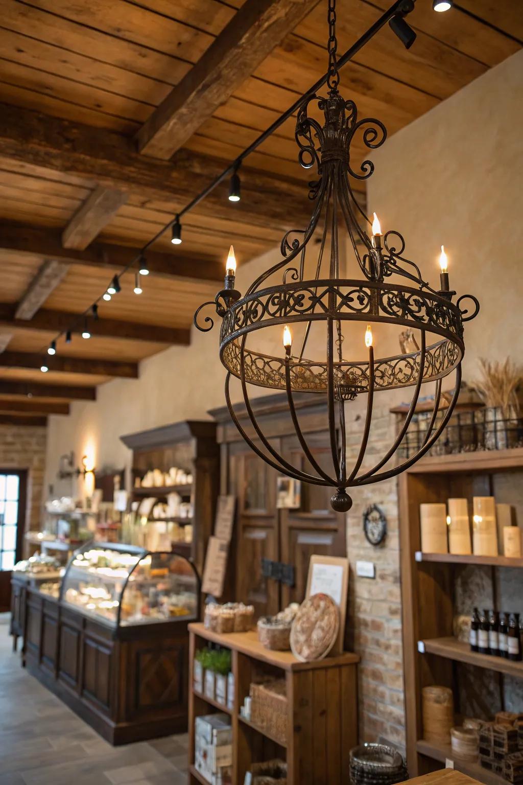 A statement chandelier adds elegance and intrigue to this rustic shop.