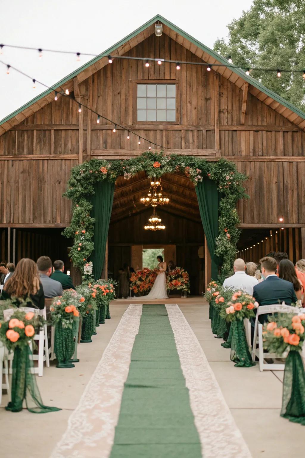 Emerald green and peach bring vibrancy and freshness to a rustic wedding.