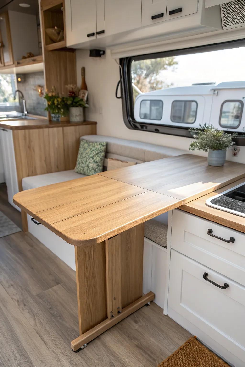 Maximize your RV kitchen space with this chic fold-down table – where style meets functionality!